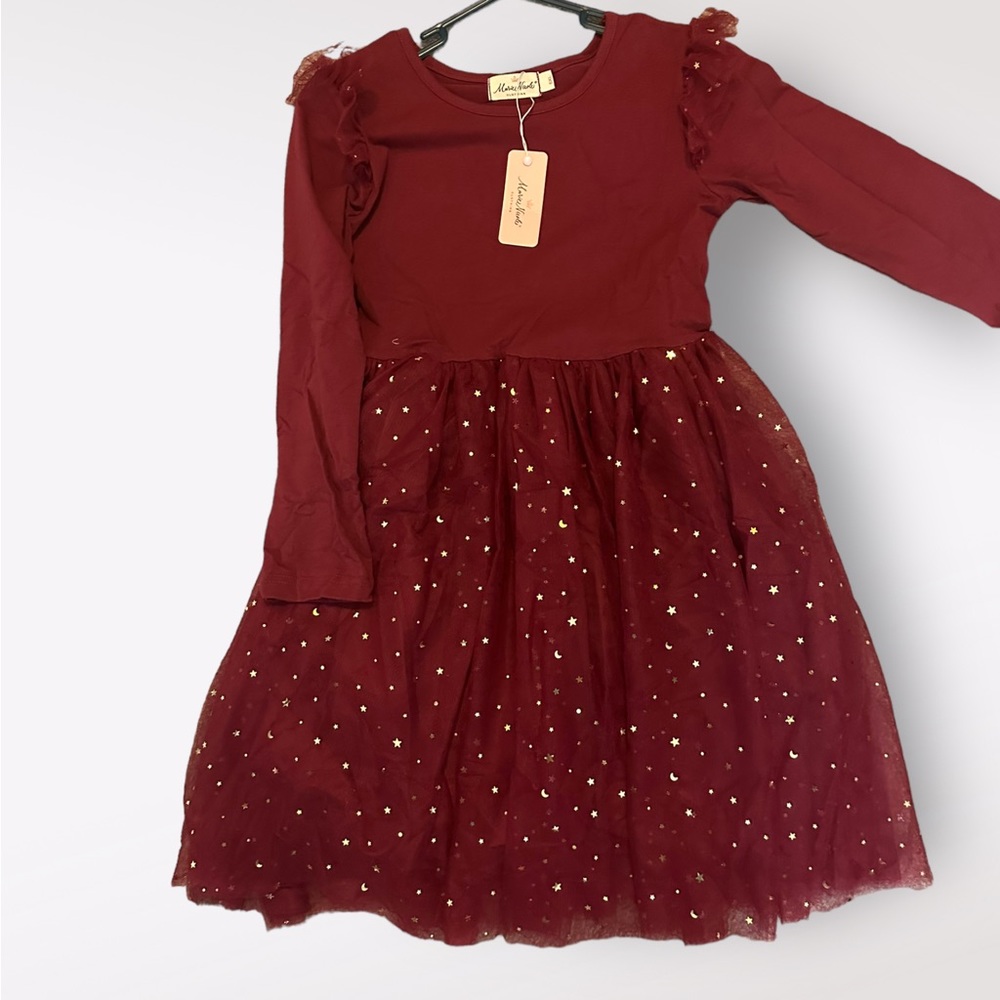 Marie Nicole Merlot Long Sleeve Ruffle Tulle Swing Dress